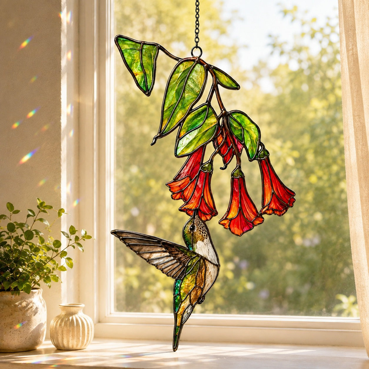 Stained glass style suncatcher with a hummingbird under hanging red trumpet flowers, hanging in a sunlit window with rainbow light