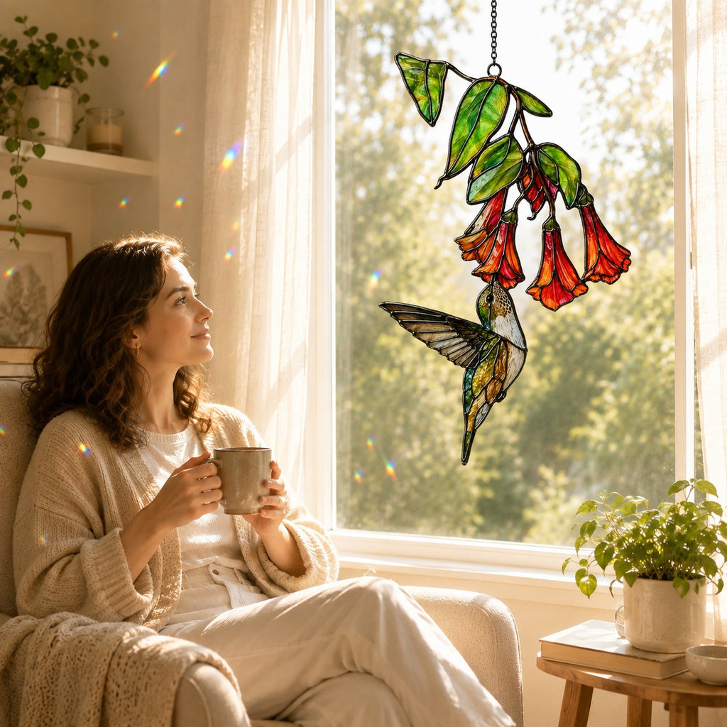 Hummingbird & Red Trumpet Flowers Holographic Acrylic Suncatcher
