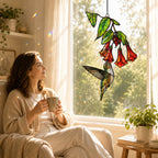 Hummingbird & Red Trumpet Flowers Holographic Acrylic Suncatcher