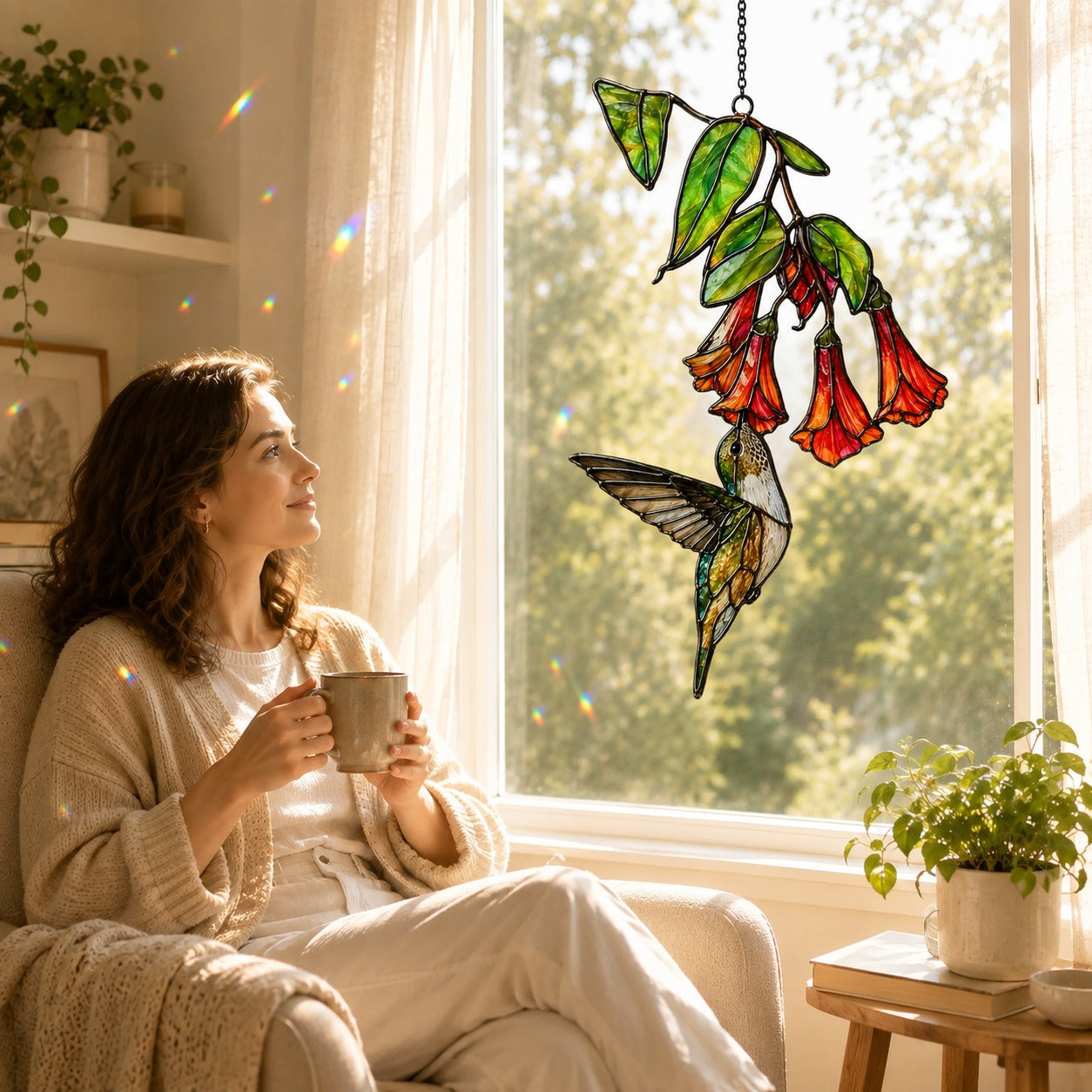 Hummingbird & Red Trumpet Flowers Holographic Acrylic Suncatcher