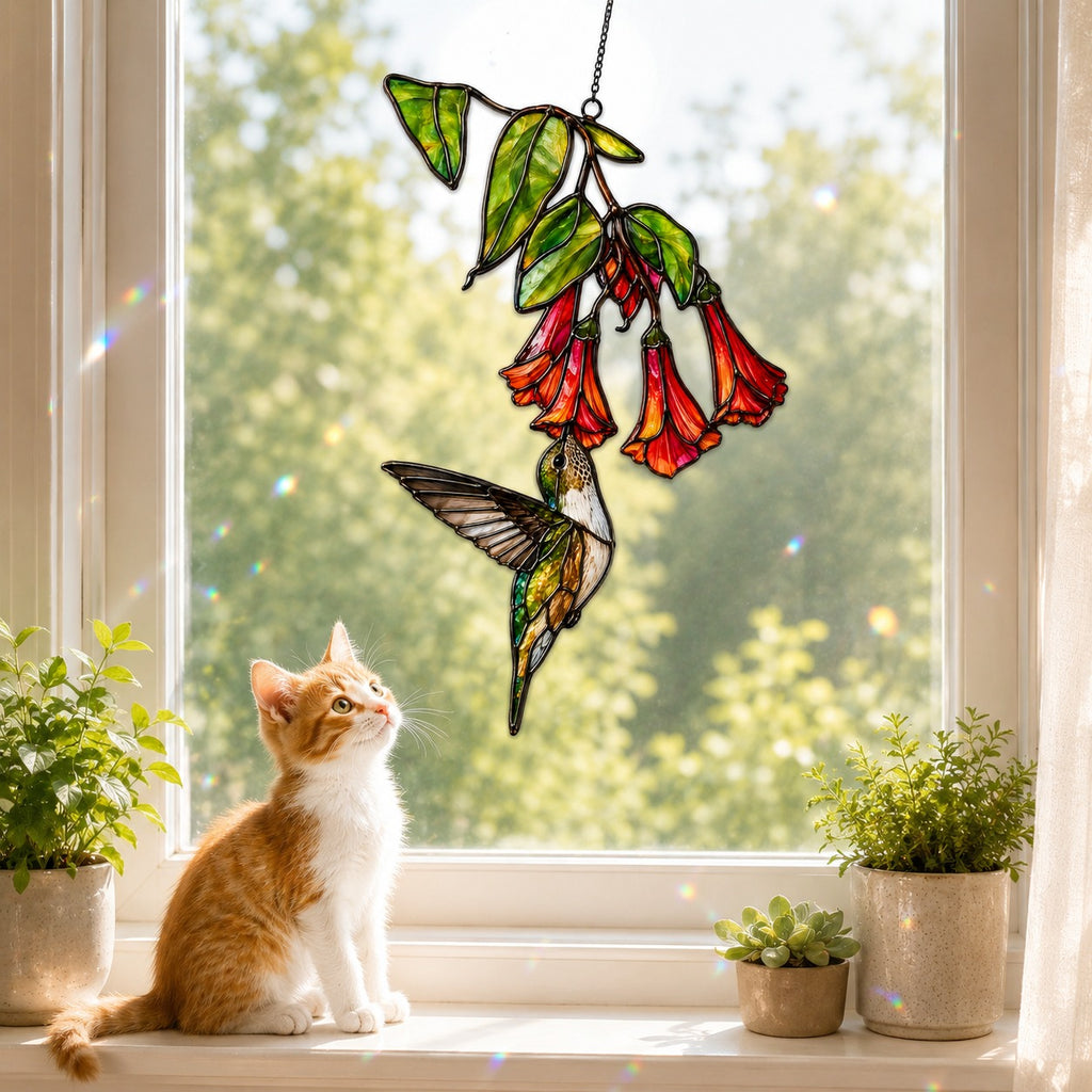 Hummingbird & Red Trumpet Flowers Holographic Acrylic Suncatcher