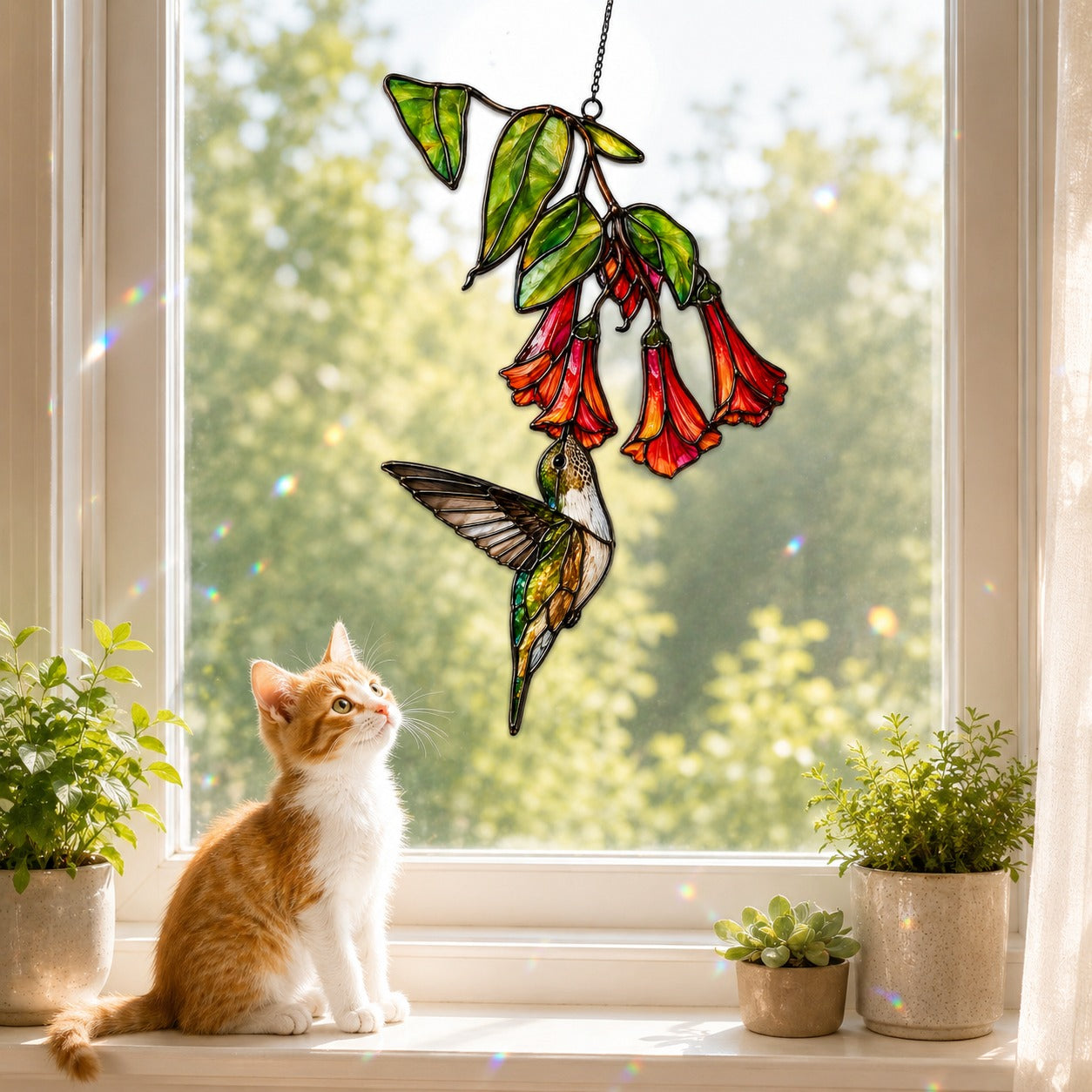 Hummingbird & Red Trumpet Flowers Holographic Acrylic Suncatcher