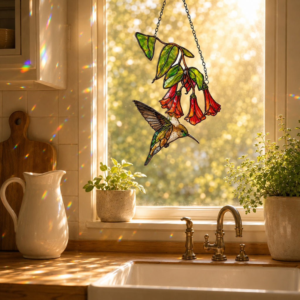 Hummingbird & Red Trumpet Flowers Holographic Acrylic Suncatcher
