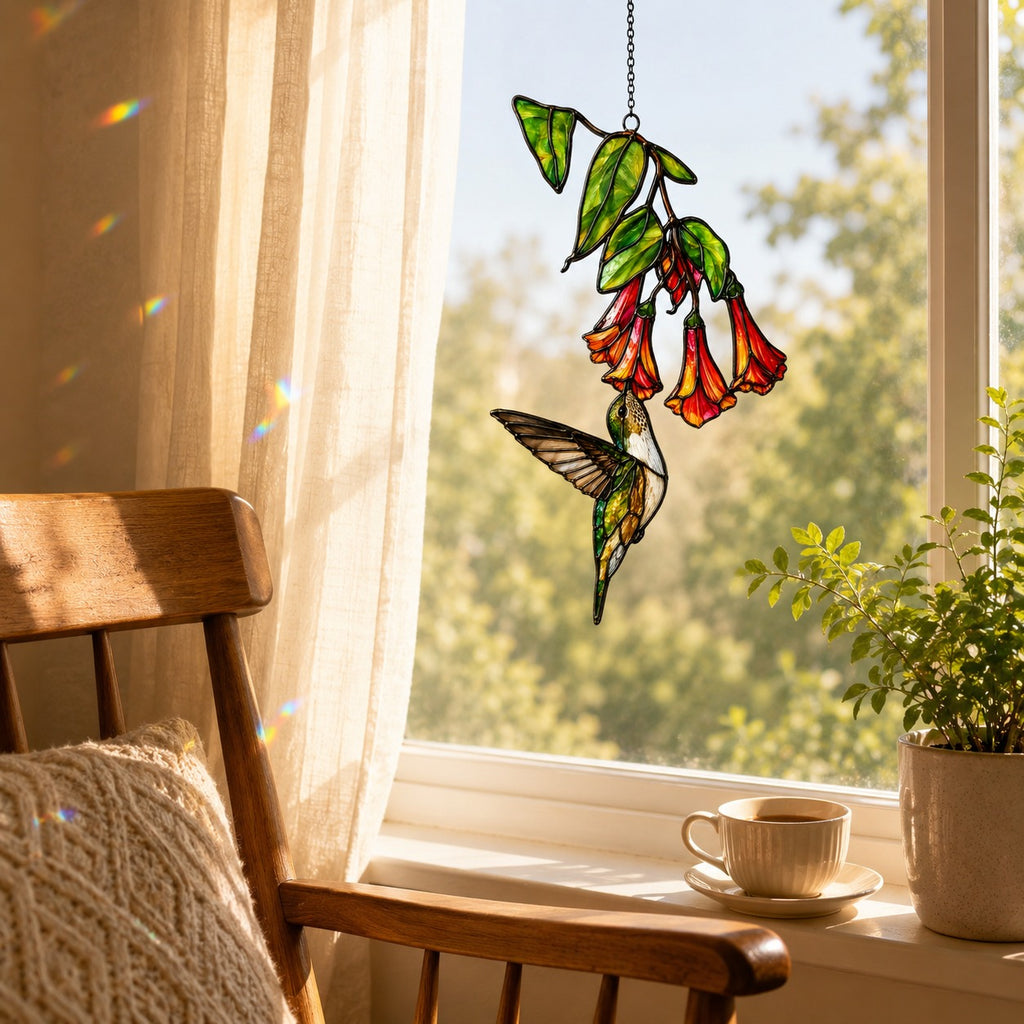 Hummingbird & Red Trumpet Flowers Holographic Acrylic Suncatcher