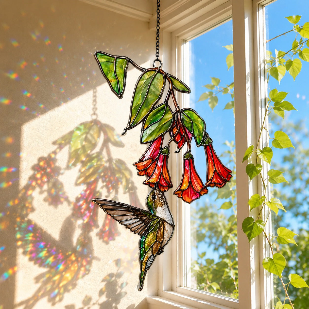 Hummingbird & Red Trumpet Flowers Holographic Acrylic Suncatcher