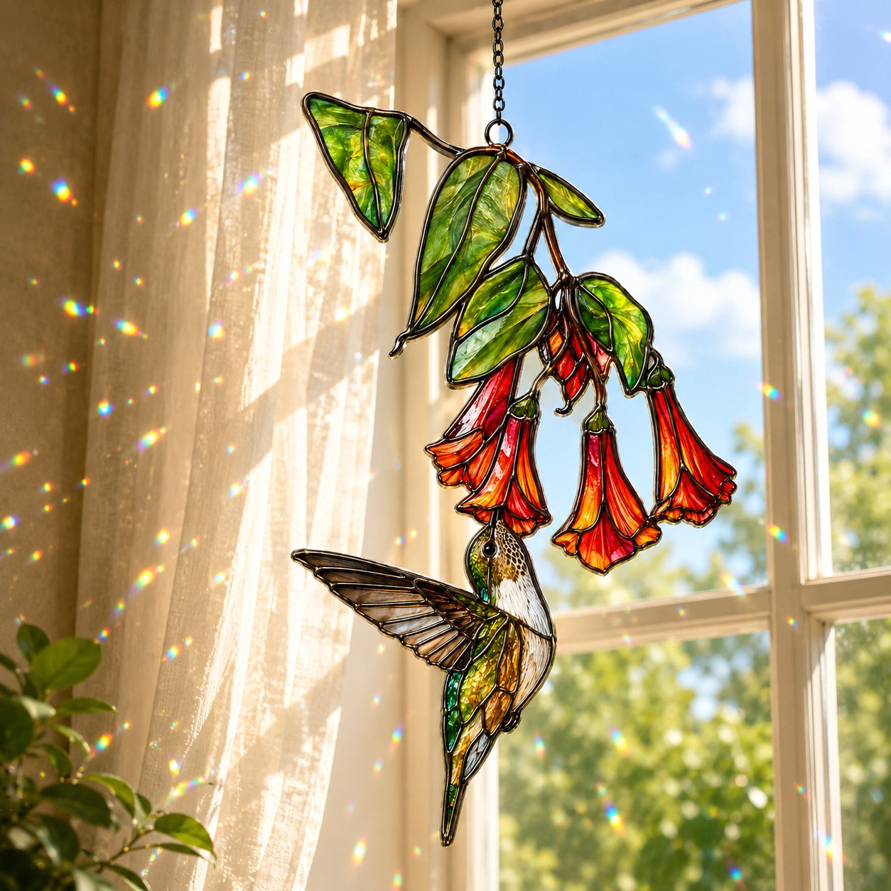 Hummingbird & Red Trumpet Flowers Holographic Acrylic Suncatcher