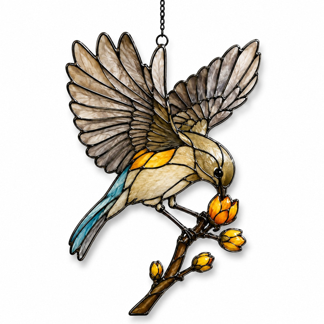 Stained glass style suncatcher with a songbird with open wings on a branch of golden buds, hanging in a sunlit window with rainbow light