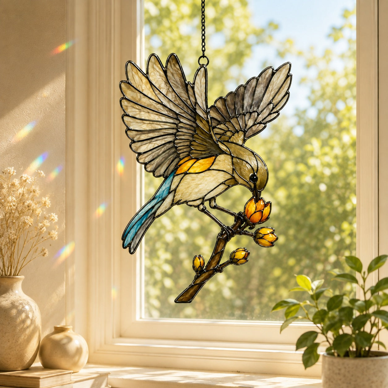 Songbird in Flight & Golden Buds Holographic Acrylic Suncatcher