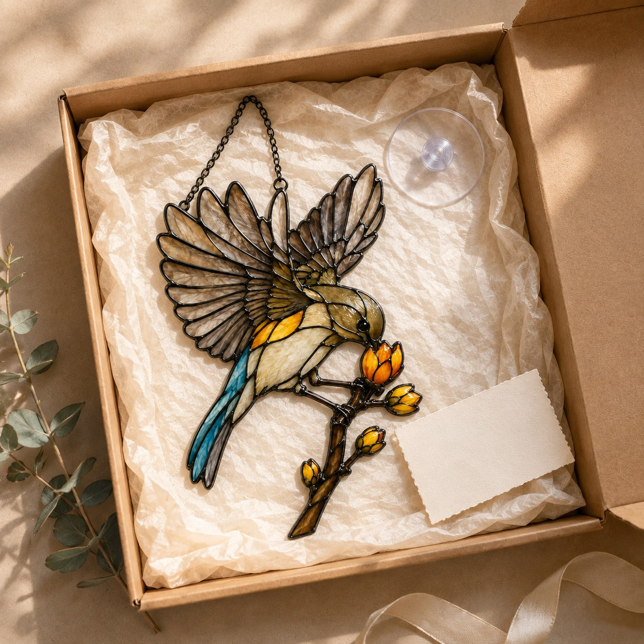 Songbird in Flight & Golden Buds Holographic Acrylic Suncatcher