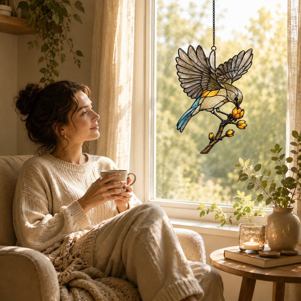 Songbird in Flight & Golden Buds Holographic Acrylic Suncatcher