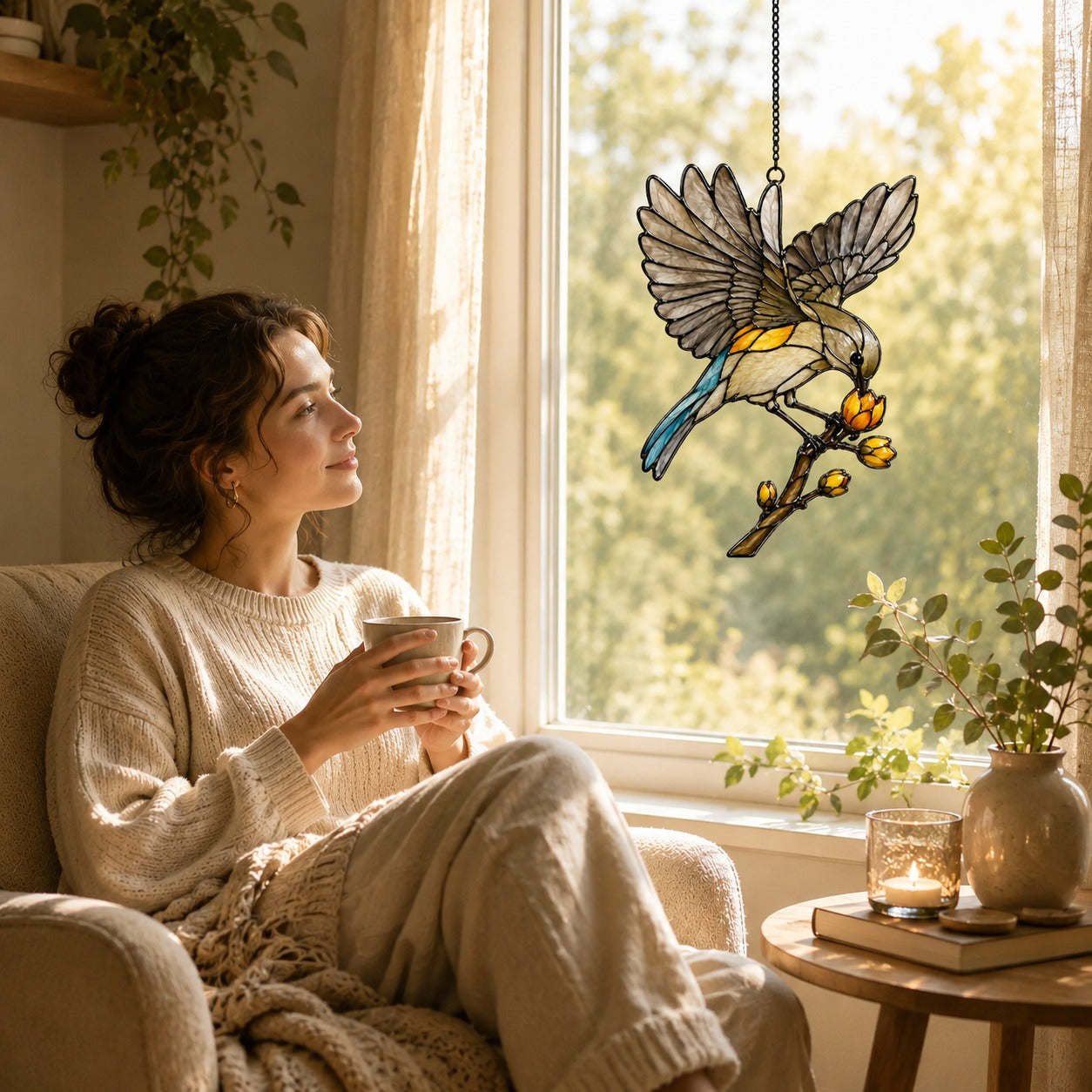 Songbird in Flight & Golden Buds Holographic Acrylic Suncatcher