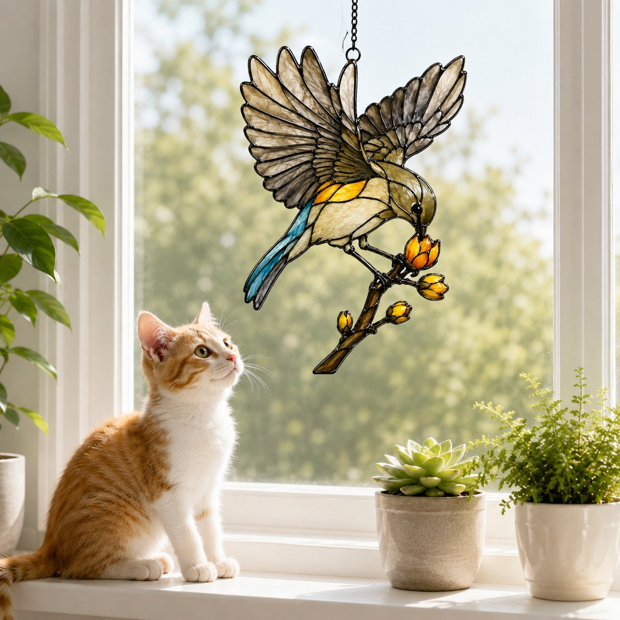 Songbird in Flight & Golden Buds Holographic Acrylic Suncatcher