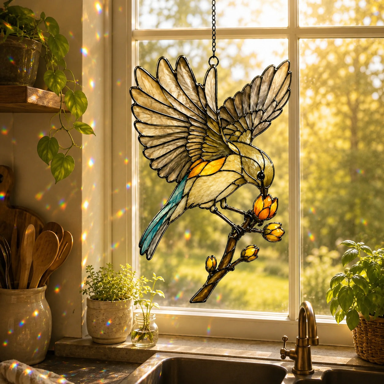 Songbird in Flight & Golden Buds Holographic Acrylic Suncatcher