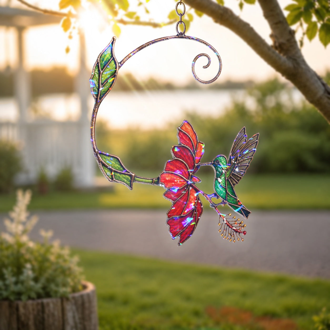 Hummingbird & Red Bloom Vine Holographic Acrylic Suncatcher