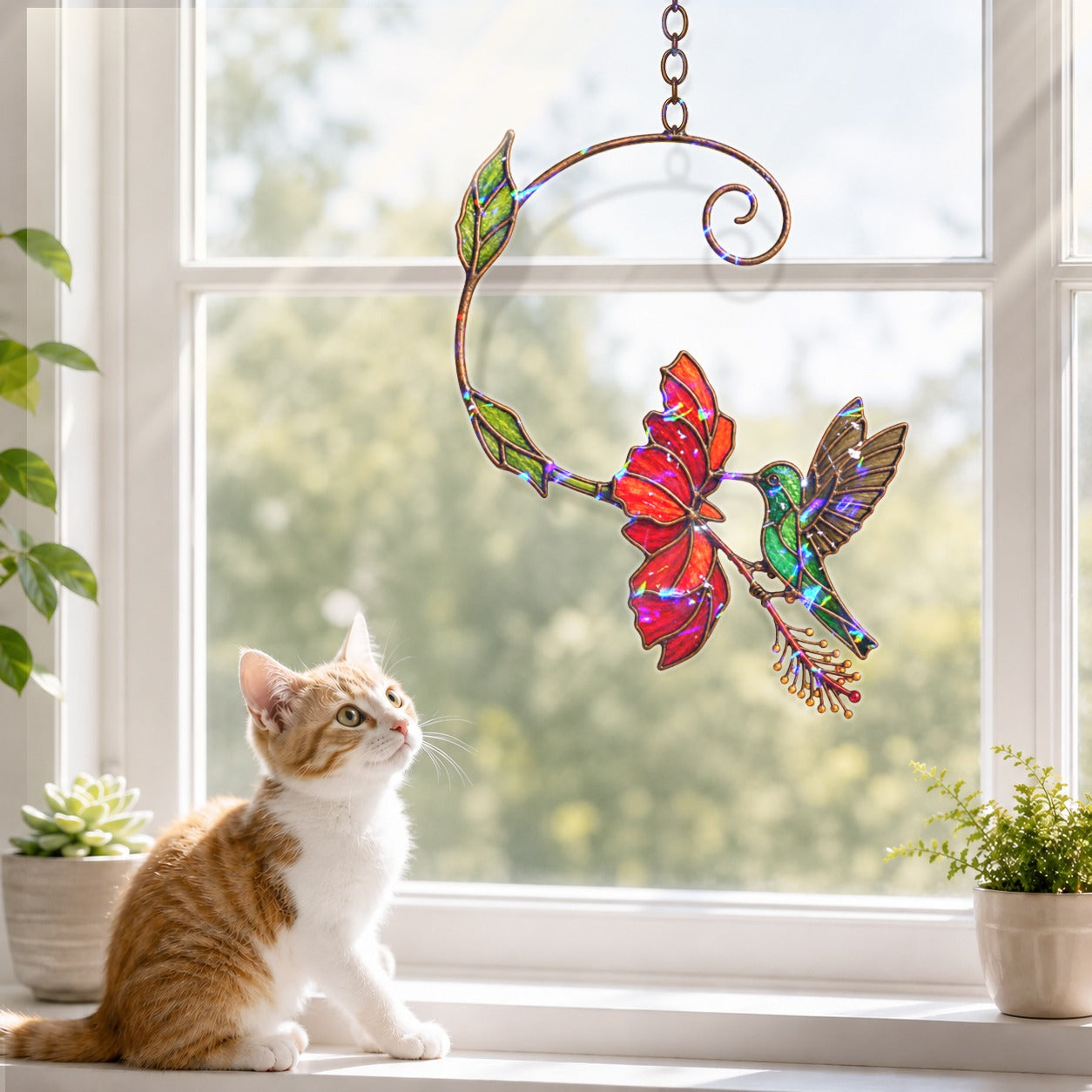Hummingbird & Red Bloom Vine Holographic Acrylic Suncatcher