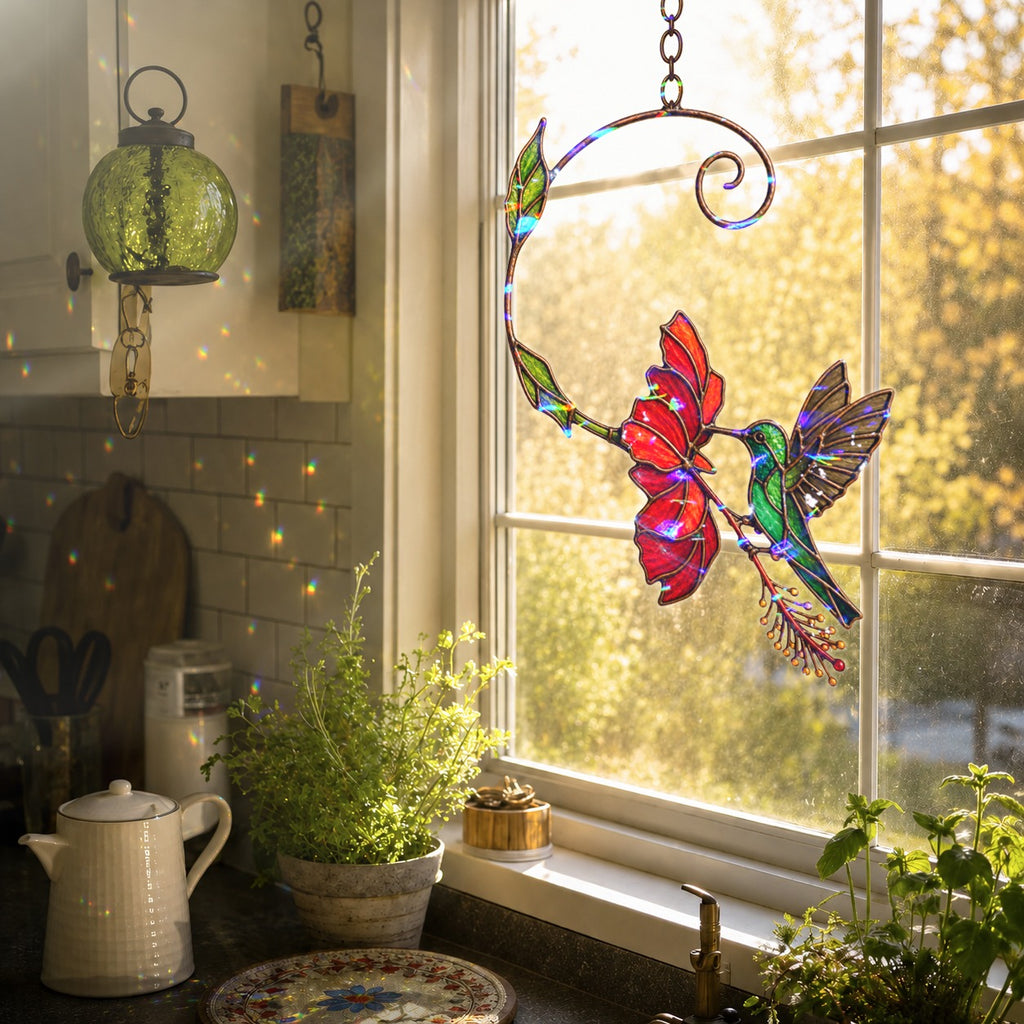 Hummingbird & Red Bloom Vine Holographic Acrylic Suncatcher