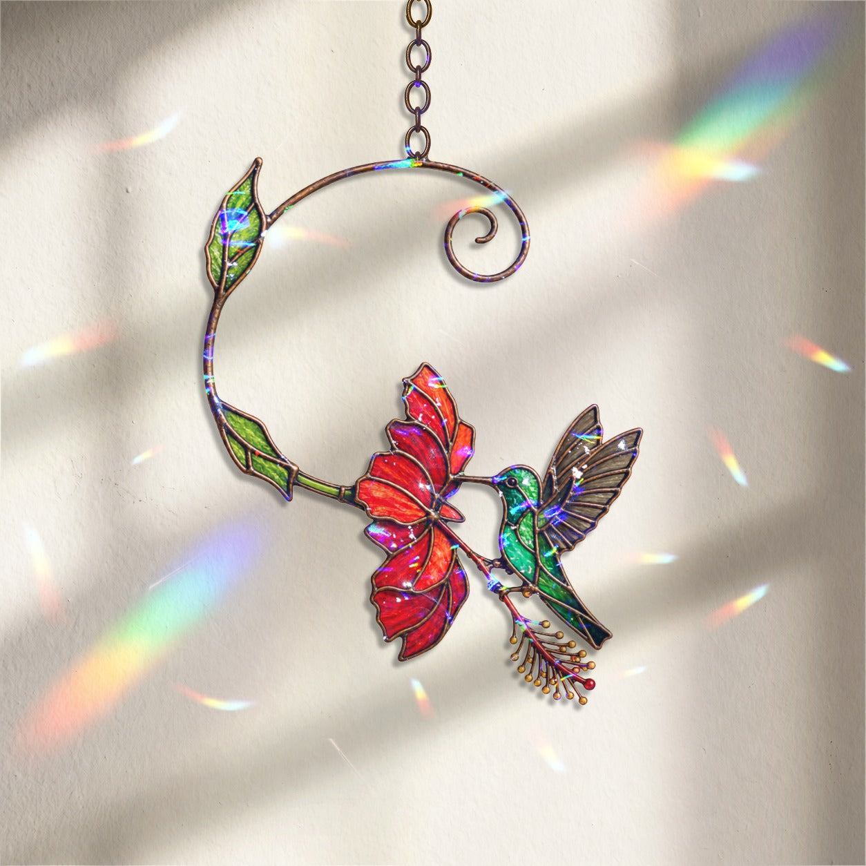 Hummingbird & Red Bloom Vine Holographic Acrylic Suncatcher