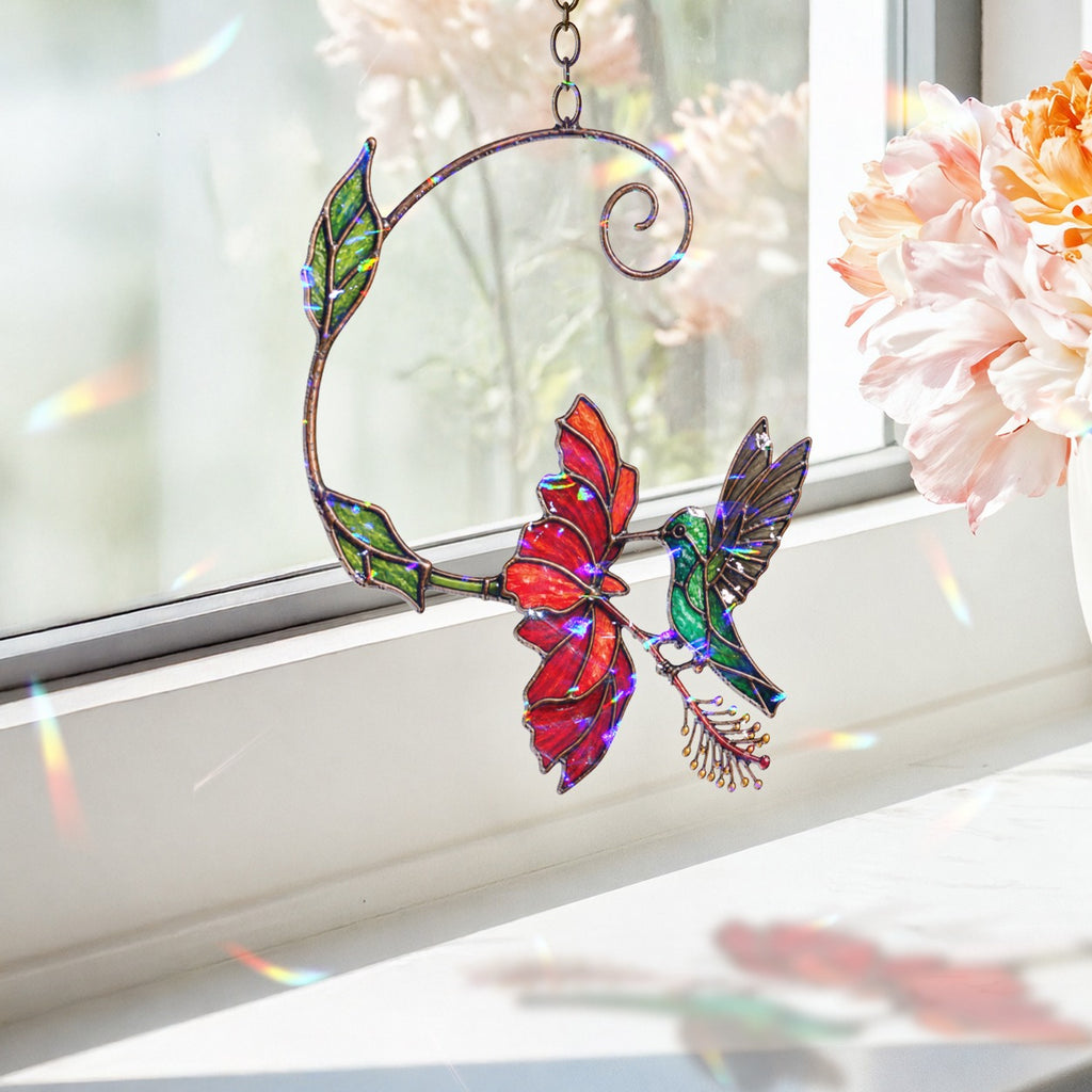 Hummingbird & Red Bloom Vine Holographic Acrylic Suncatcher