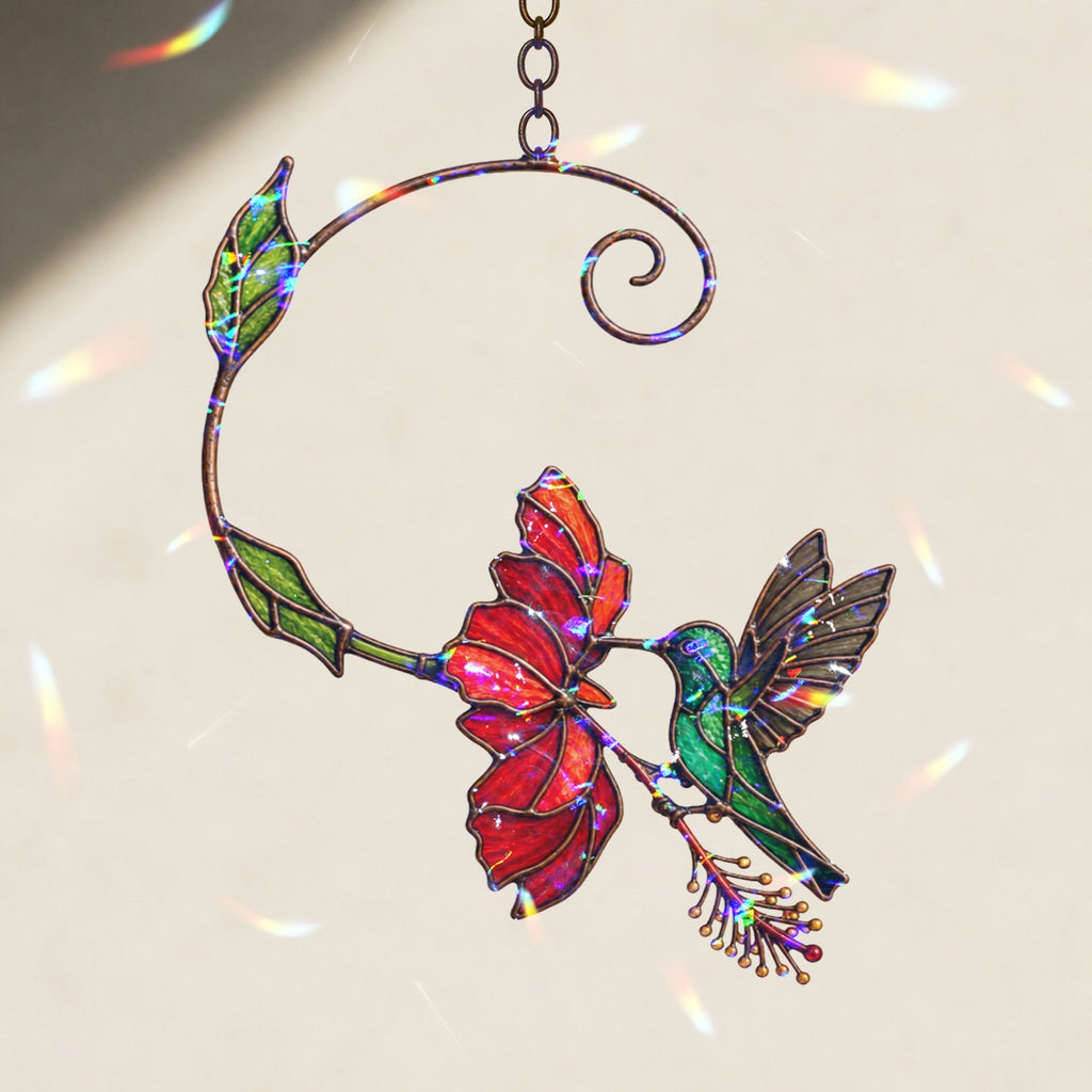 Hummingbird & Red Bloom Vine Holographic Acrylic Suncatcher