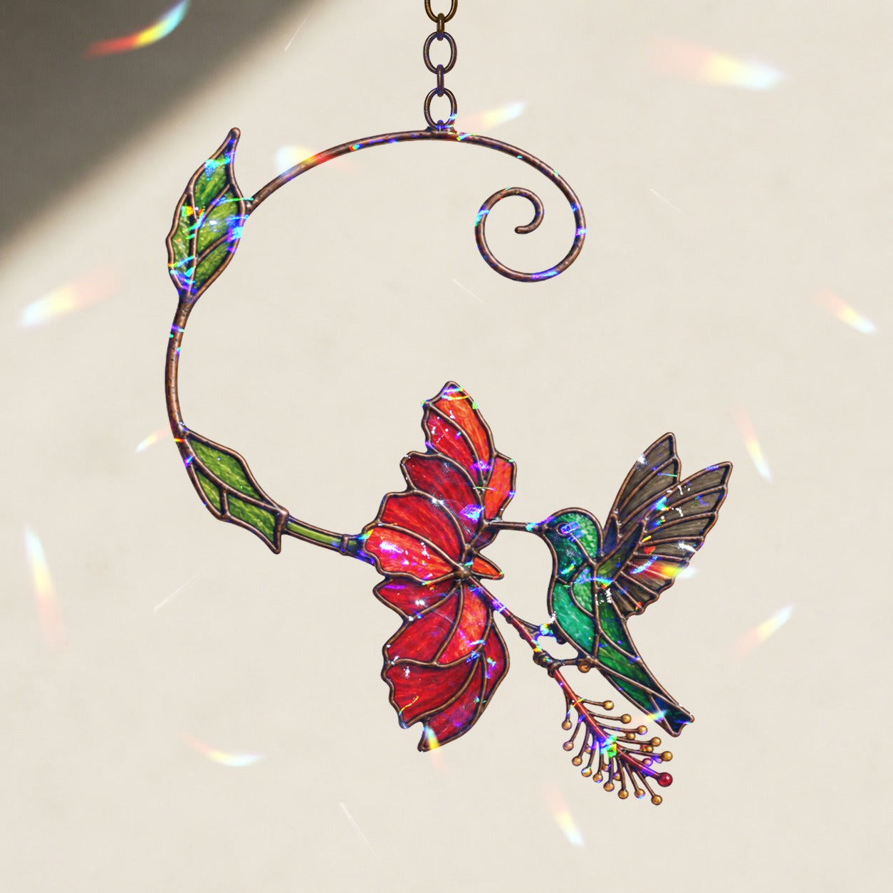 Hummingbird & Red Bloom Vine Holographic Acrylic Suncatcher