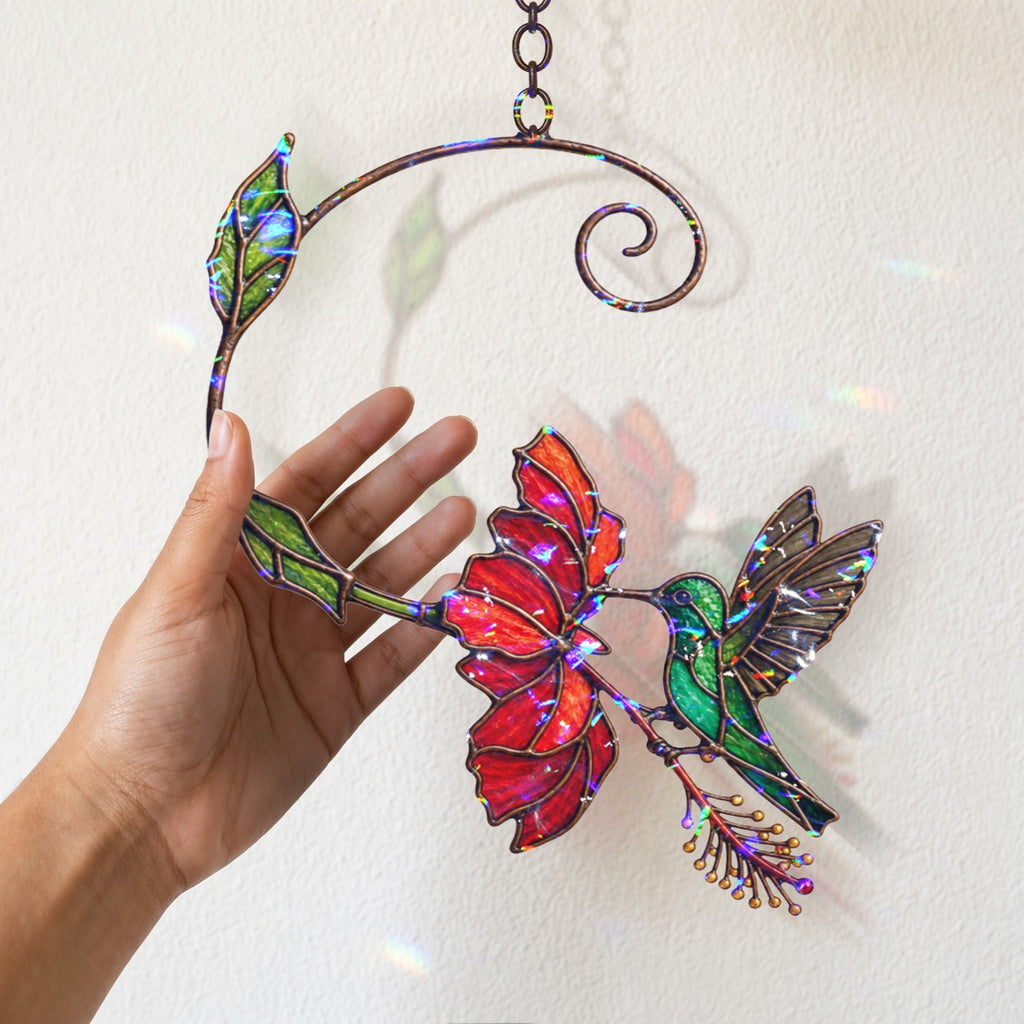 Hummingbird & Red Bloom Vine Holographic Acrylic Suncatcher