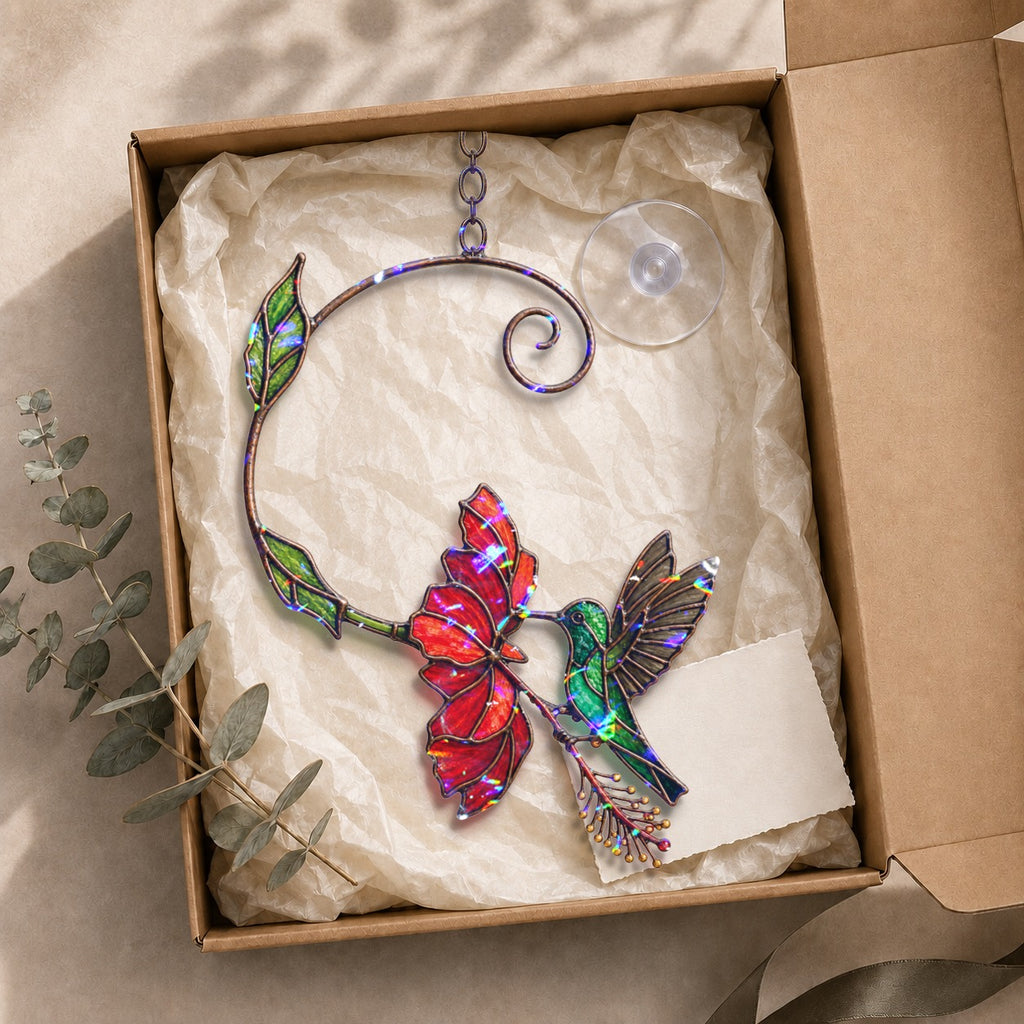 Hummingbird & Red Bloom Vine Holographic Acrylic Suncatcher