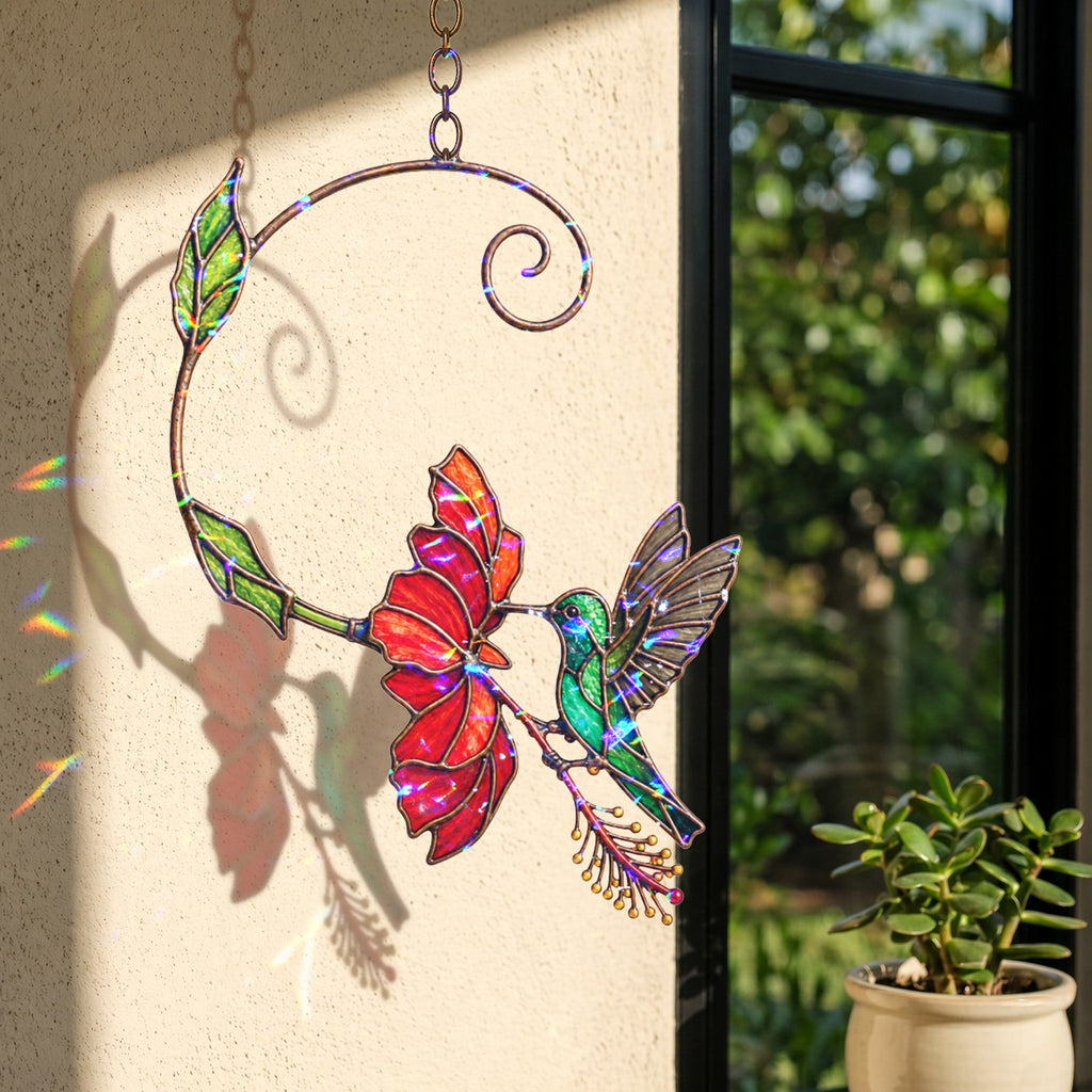 Hummingbird & Red Bloom Vine Holographic Acrylic Suncatcher