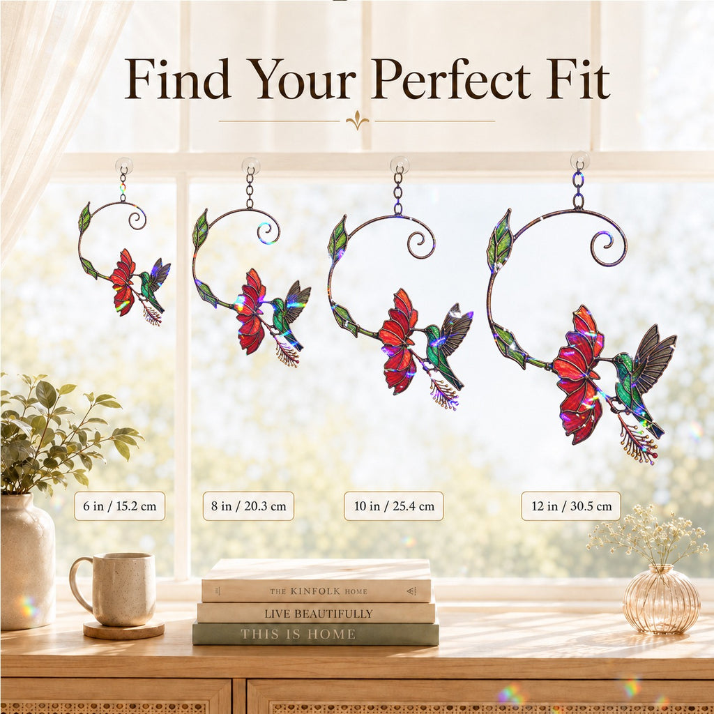 Hummingbird & Red Bloom Vine Holographic Acrylic Suncatcher