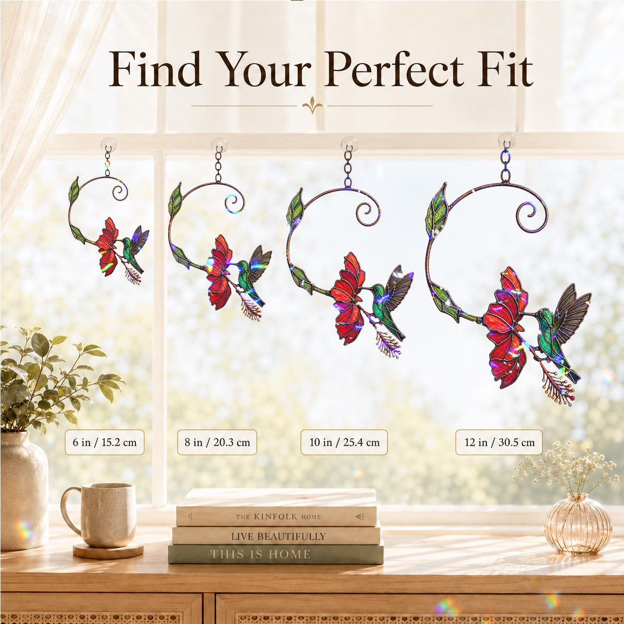 Hummingbird & Red Bloom Vine Holographic Acrylic Suncatcher