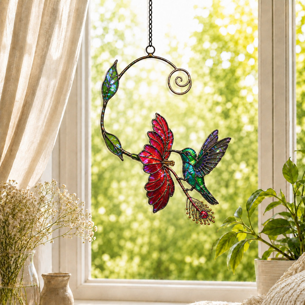 Hummingbird & Red Bloom Vine Holographic Acrylic Suncatcher
