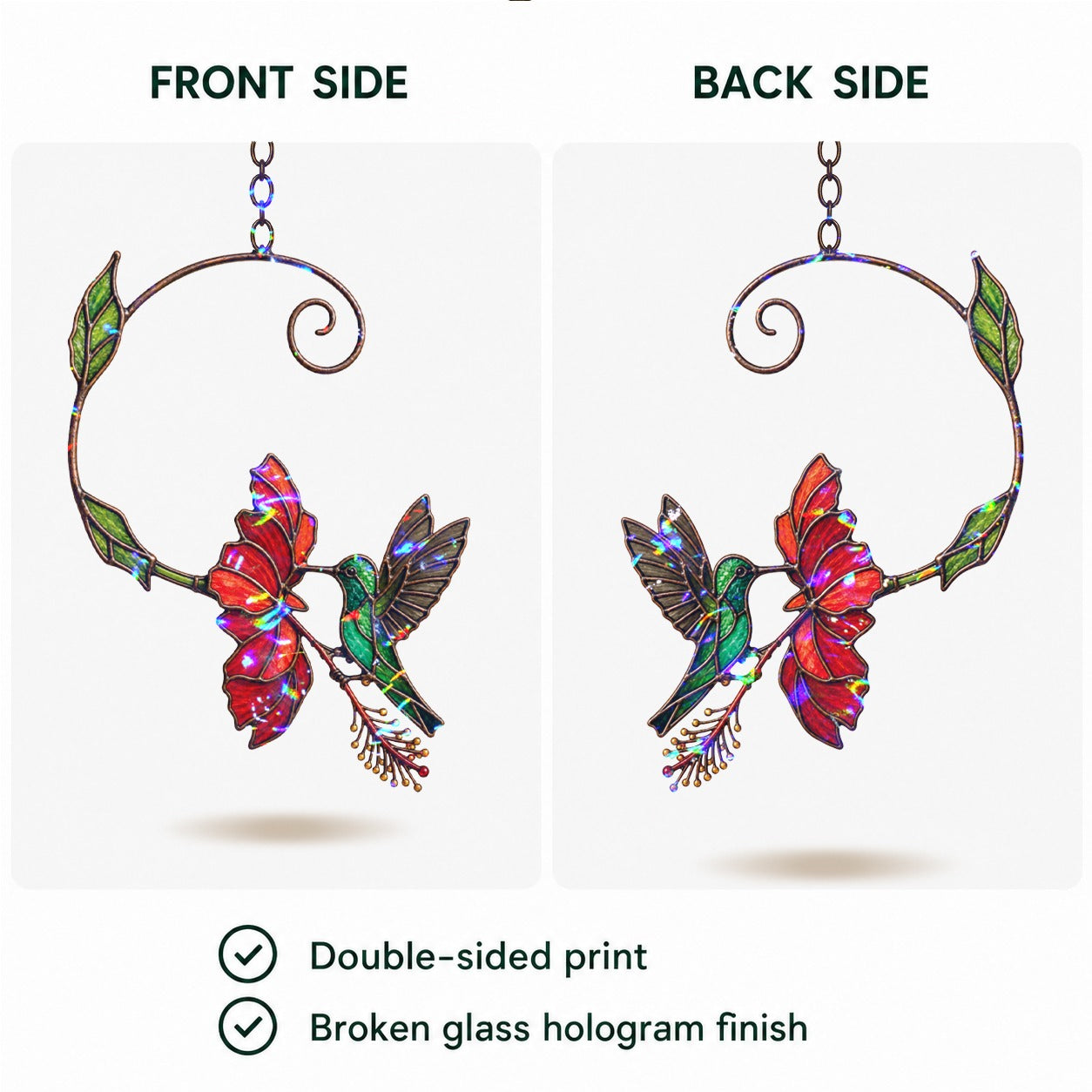 Hummingbird & Red Bloom Vine Holographic Acrylic Suncatcher