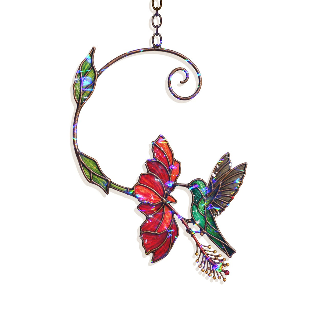 Hummingbird & Red Bloom Vine Holographic Acrylic Suncatcher