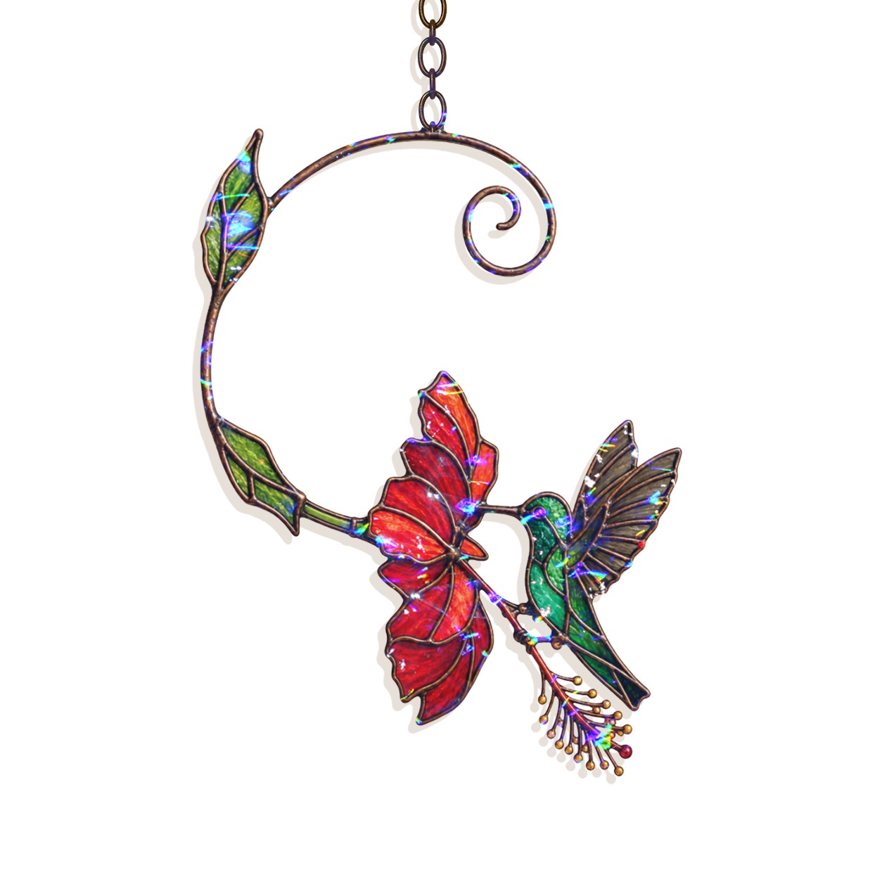 Hummingbird & Red Bloom Vine Holographic Acrylic Suncatcher