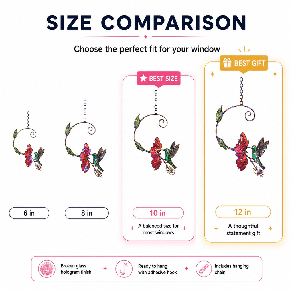 Hummingbird & Red Bloom Vine Holographic Acrylic Suncatcher