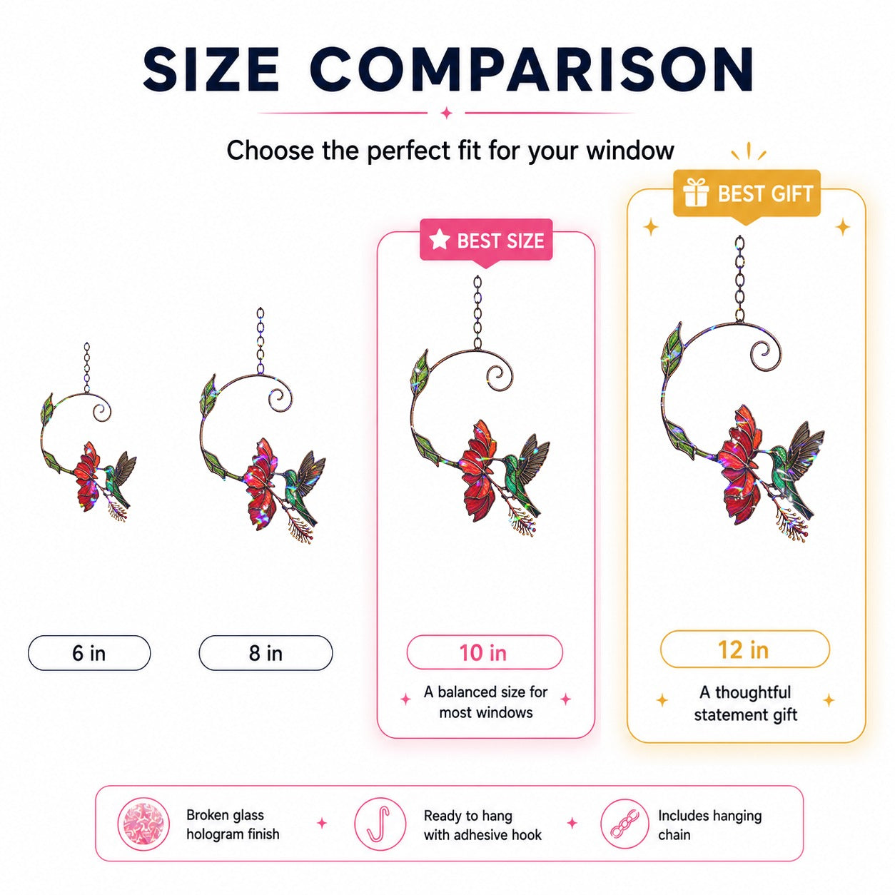 Hummingbird & Red Bloom Vine Holographic Acrylic Suncatcher