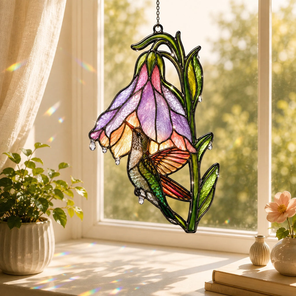 Stained glass style suncatcher with a hummingbird inside a purple foxglove bell flower, hanging in a sunlit window with rainbow light