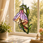 Stained glass style suncatcher with a hummingbird inside a purple foxglove bell flower, hanging in a sunlit window with rainbow light