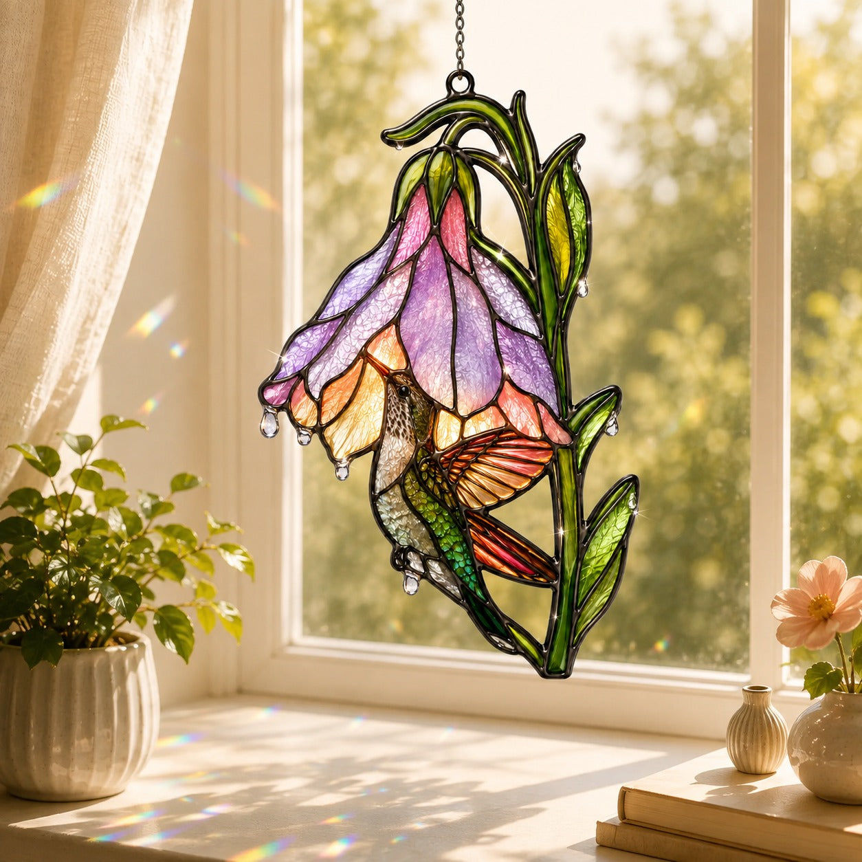Stained glass style suncatcher with a hummingbird inside a purple foxglove bell flower, hanging in a sunlit window with rainbow light
