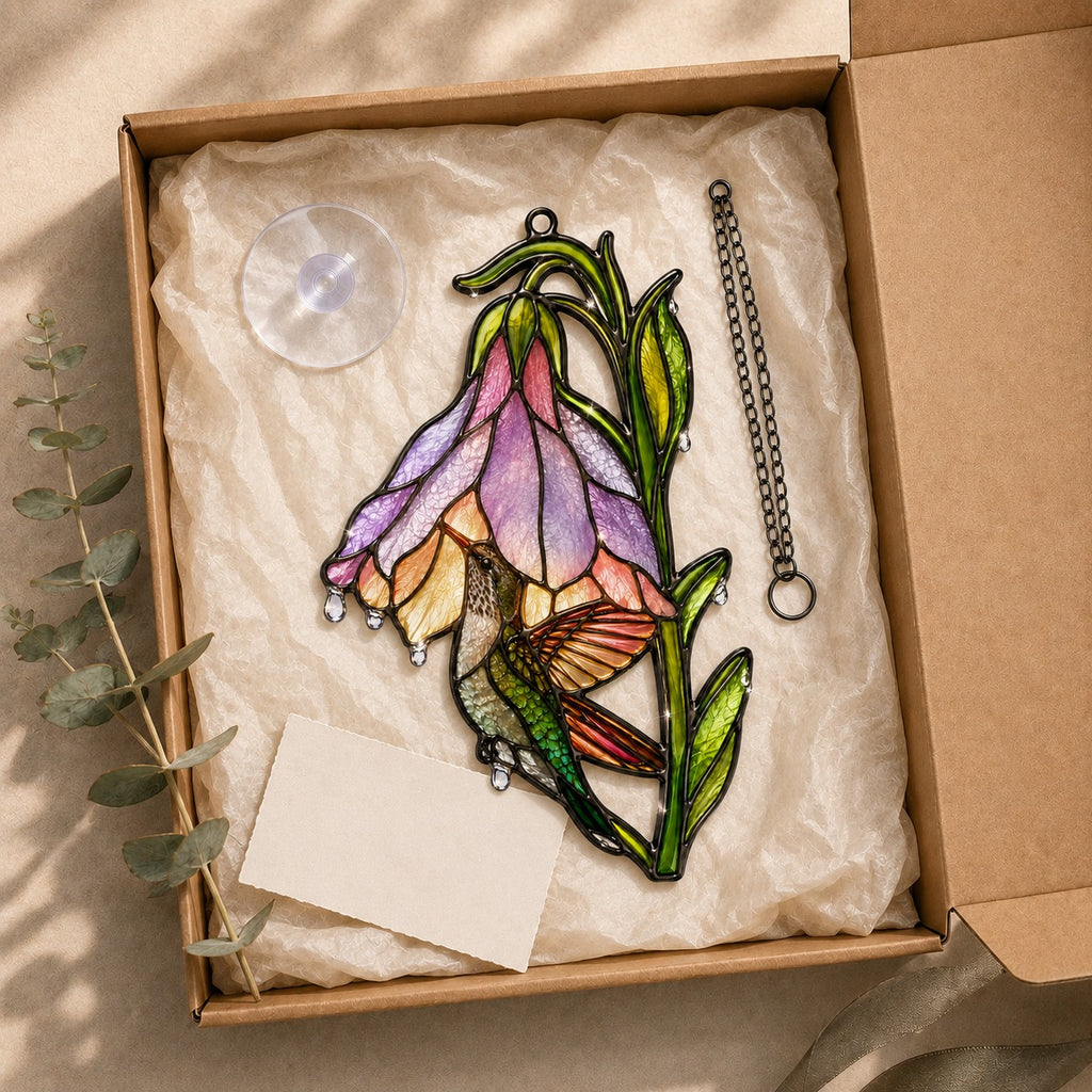 Hummingbird & Purple Foxglove Bell Holographic Acrylic Suncatcher