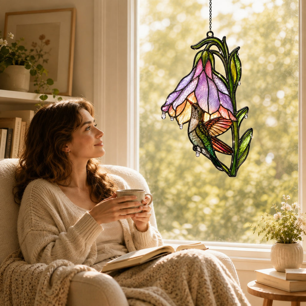 Hummingbird & Purple Foxglove Bell Holographic Acrylic Suncatcher