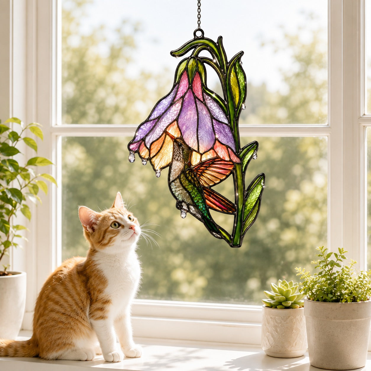 Hummingbird & Purple Foxglove Bell Holographic Acrylic Suncatcher