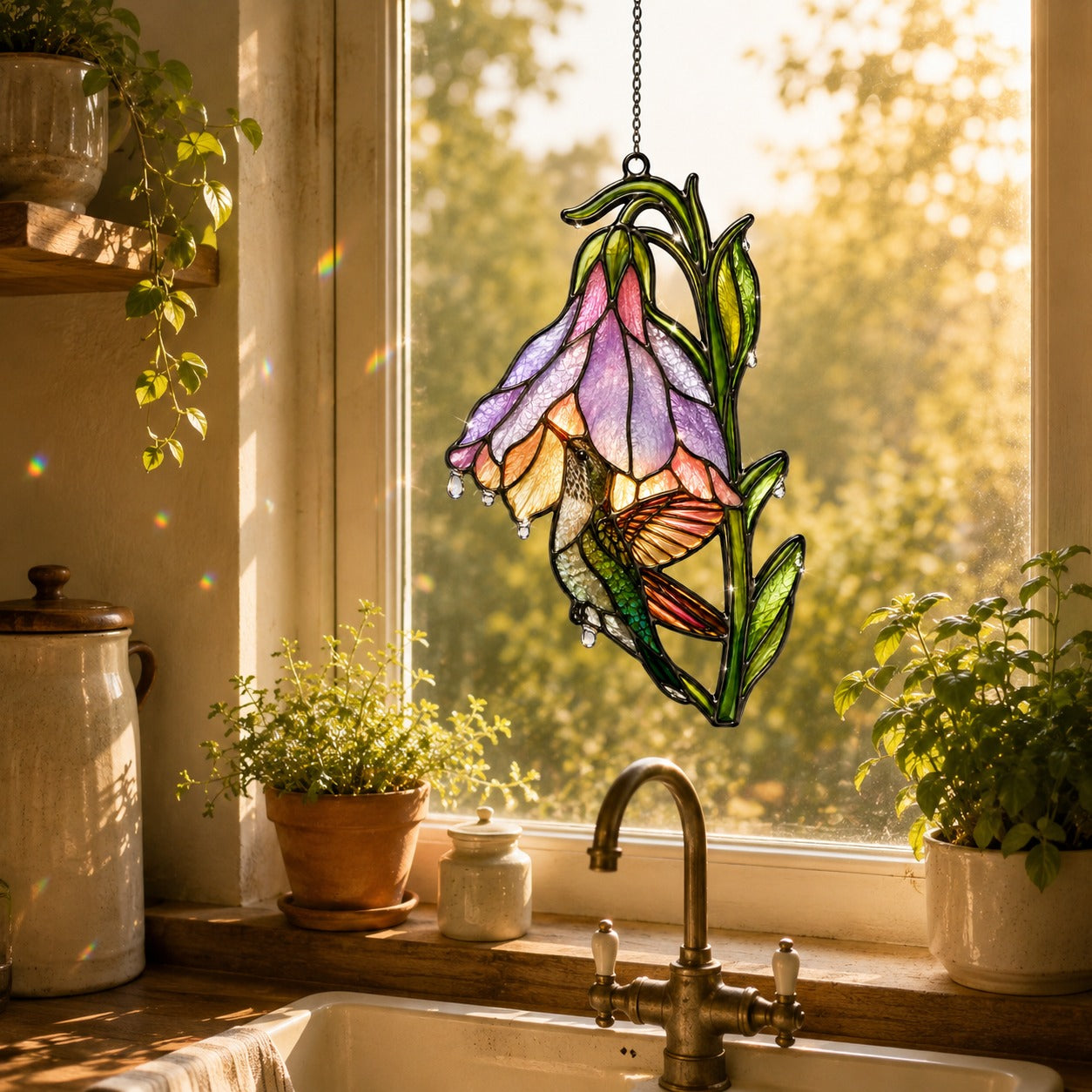 Hummingbird & Purple Foxglove Bell Holographic Acrylic Suncatcher
