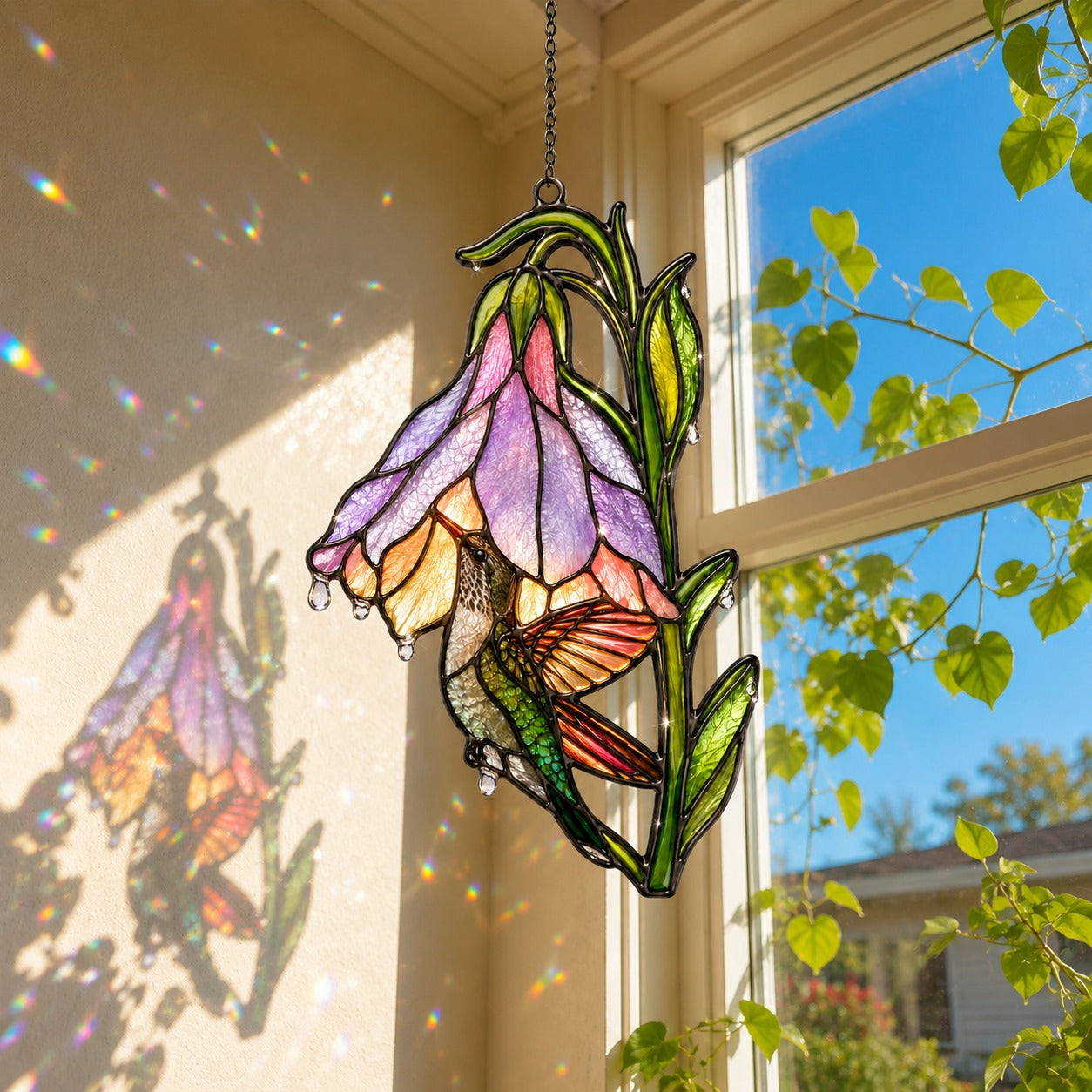Hummingbird & Purple Foxglove Bell Holographic Acrylic Suncatcher