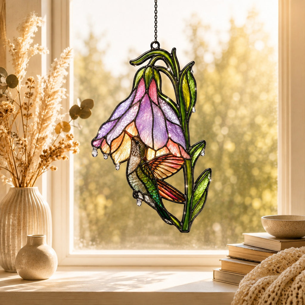 Hummingbird & Purple Foxglove Bell Holographic Acrylic Suncatcher