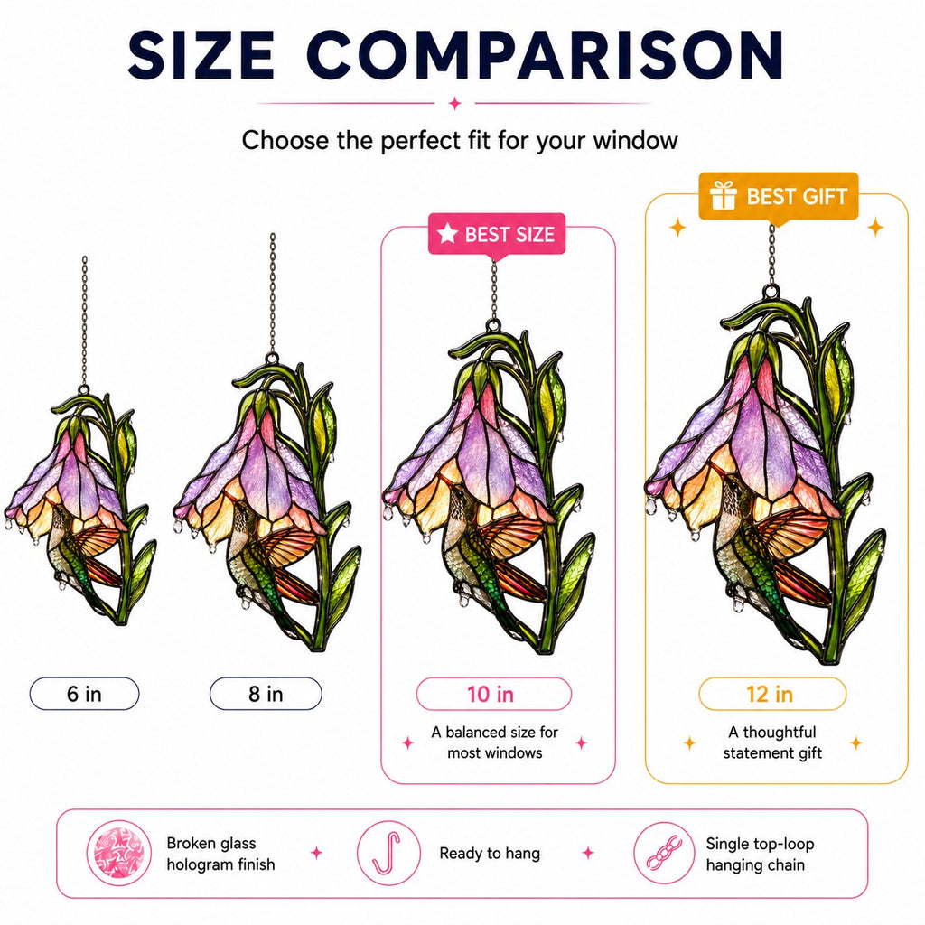 Hummingbird & Purple Foxglove Bell Holographic Acrylic Suncatcher