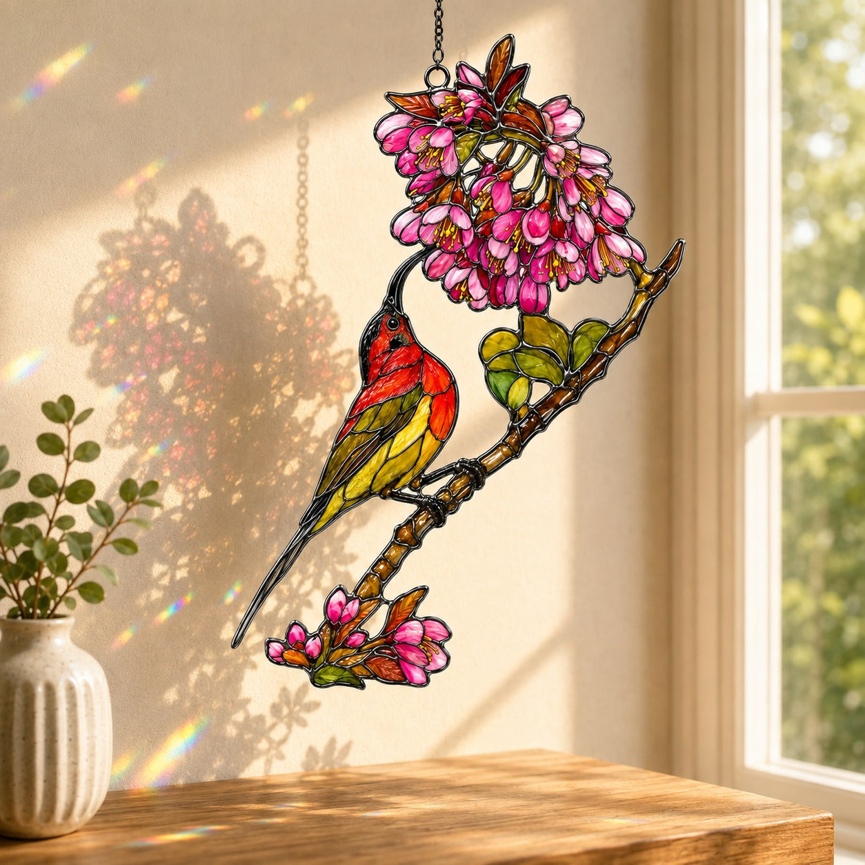 Stained glass style suncatcher with a scarlet sunbird under a cluster of pink blossoms, hanging in a sunlit window with rainbow light