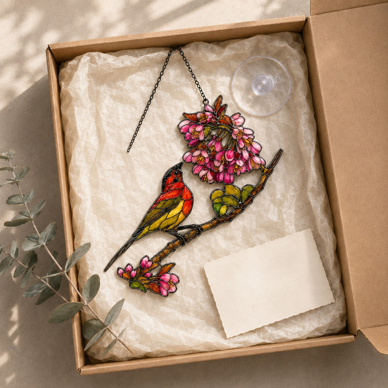 Scarlet Sunbird & Pink Blossom Branch Holographic Acrylic Suncatcher