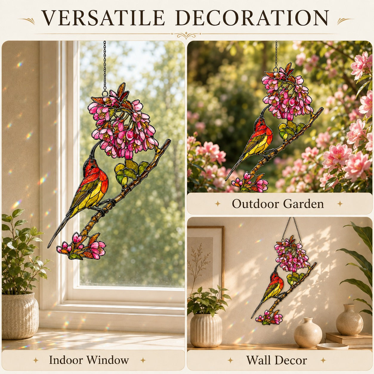 Scarlet Sunbird & Pink Blossom Branch Holographic Acrylic Suncatcher