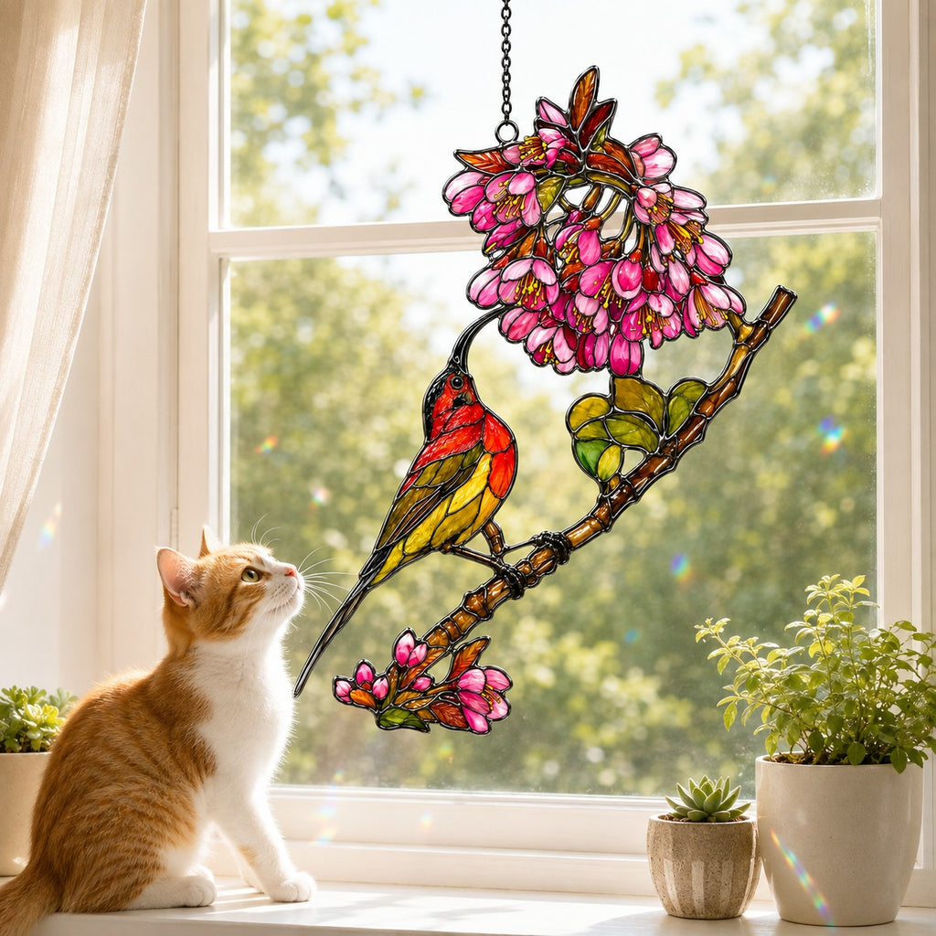 Scarlet Sunbird & Pink Blossom Branch Holographic Acrylic Suncatcher