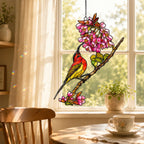Scarlet Sunbird & Pink Blossom Branch Holographic Acrylic Suncatcher
